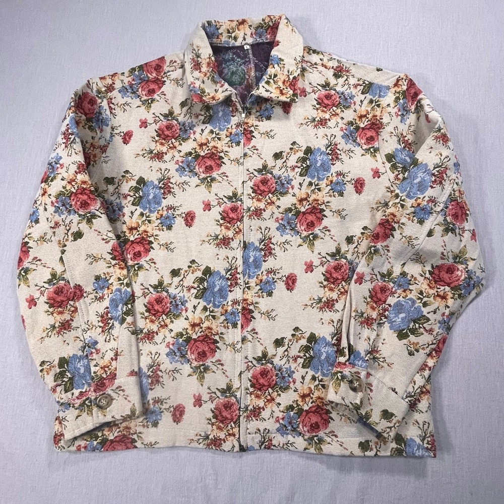 Tapestry Floral‎ Zip Jacket Women's Large Cottagecore Boho Rose Print Retro
